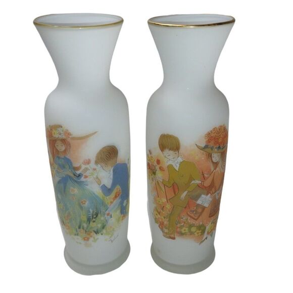 Vintage NAPCOWARE Frosted Glass Vases Signed Foster Grannycore Cottagecore Set 2 - Picture 1 of 10